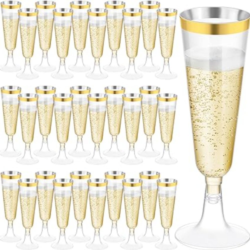 5oz Disposable Plastic Champagne Glasses For Parties,  Wedding Anniversary -Gold